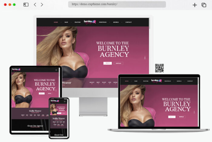 Screenshot of the Burnley WordPress theme design for modeling agencies and portfolio websites