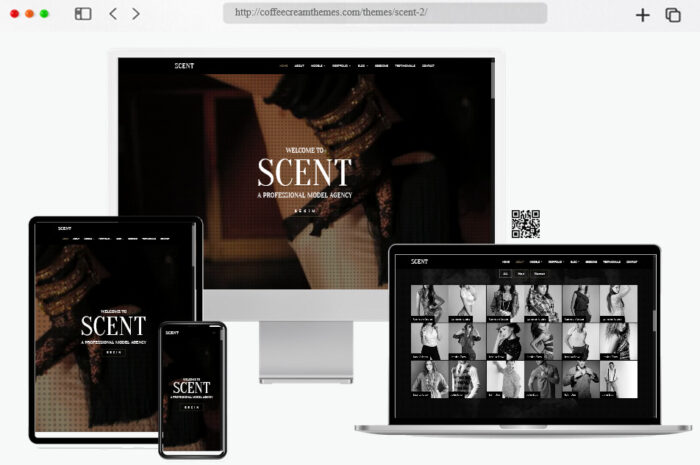 Screenshot of the Scent WordPress theme design for model and photography groups