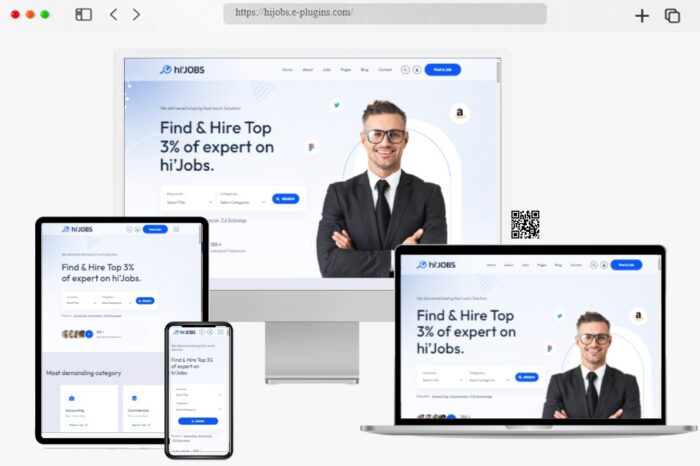 HiJobs WordPress theme displaying job listings with modern design and features