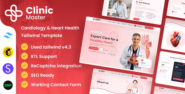ClinicMaster - Cardiology & Heart Health Tailwind CSS Template WordPress theme