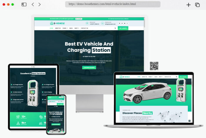 Screenshot of the EVehicle HTML template design for electric vehicle businesses and charging stations