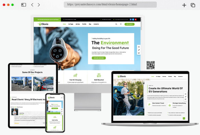 Screenshot of the Elexio HTML template design for electric vehicle businesses and charging stations
