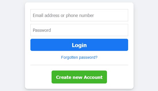 facebook login page