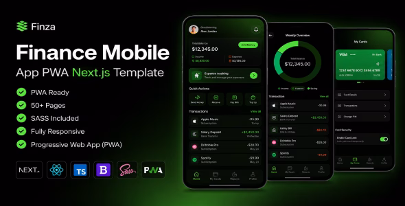 Finza - Next.js Fintech Banking PWA App Template WordPress theme