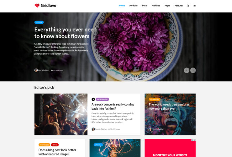 gridlove news masonry wordpress theme