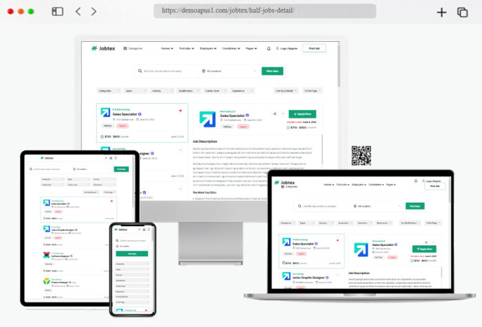 Jobtex WordPress theme showcasing a professional job board with customizable features