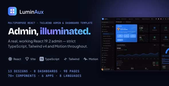 Luminaux - Multipurpose React Tailwind Admin & Dashboard Template WordPress theme