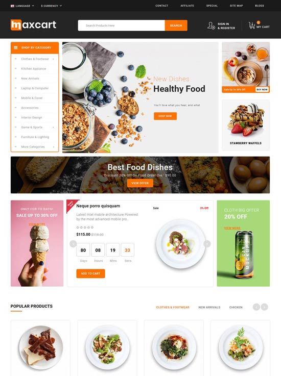 maxcart food furniture opencart theme