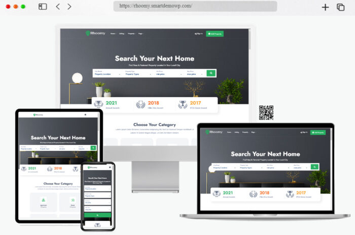Rhoomy WordPress theme featuring real estate listings with advance search filters