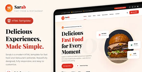 Sarab - Fast Food & Restaurant HTML Template WordPress theme