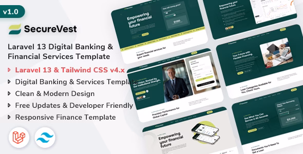 SecureVest - Laravel 13 Digital Banking & Financial Services Template WordPress theme