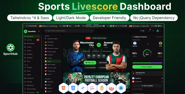 SportHub – Sports Live Score & Analytics Dashboard HTML Template WordPress theme