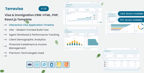 TerraVisa – Visa & Immigration CRM HTML, PHP, React.js Admin Template WordPress theme